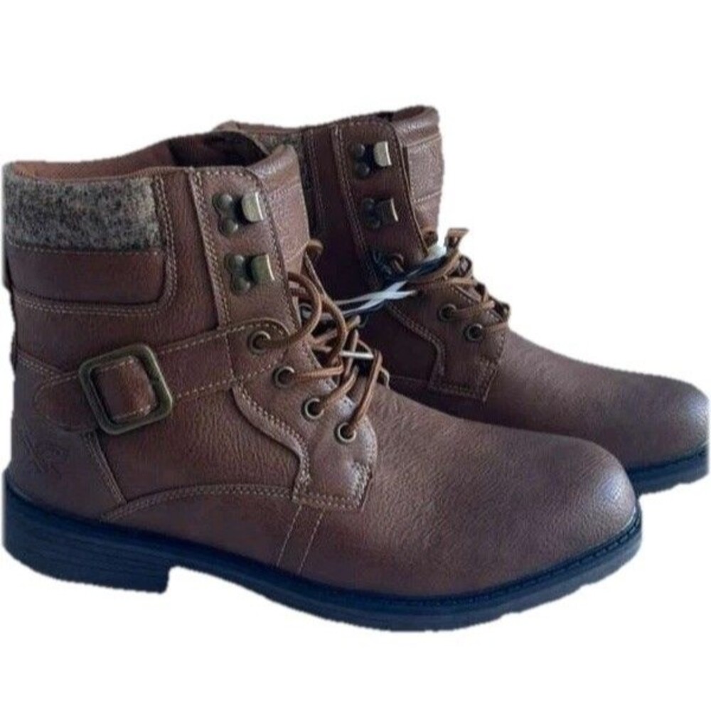Xray Mens Brown Lace-Up Ankle Boots Buckle Detail Size 10.5 Faux Leather
